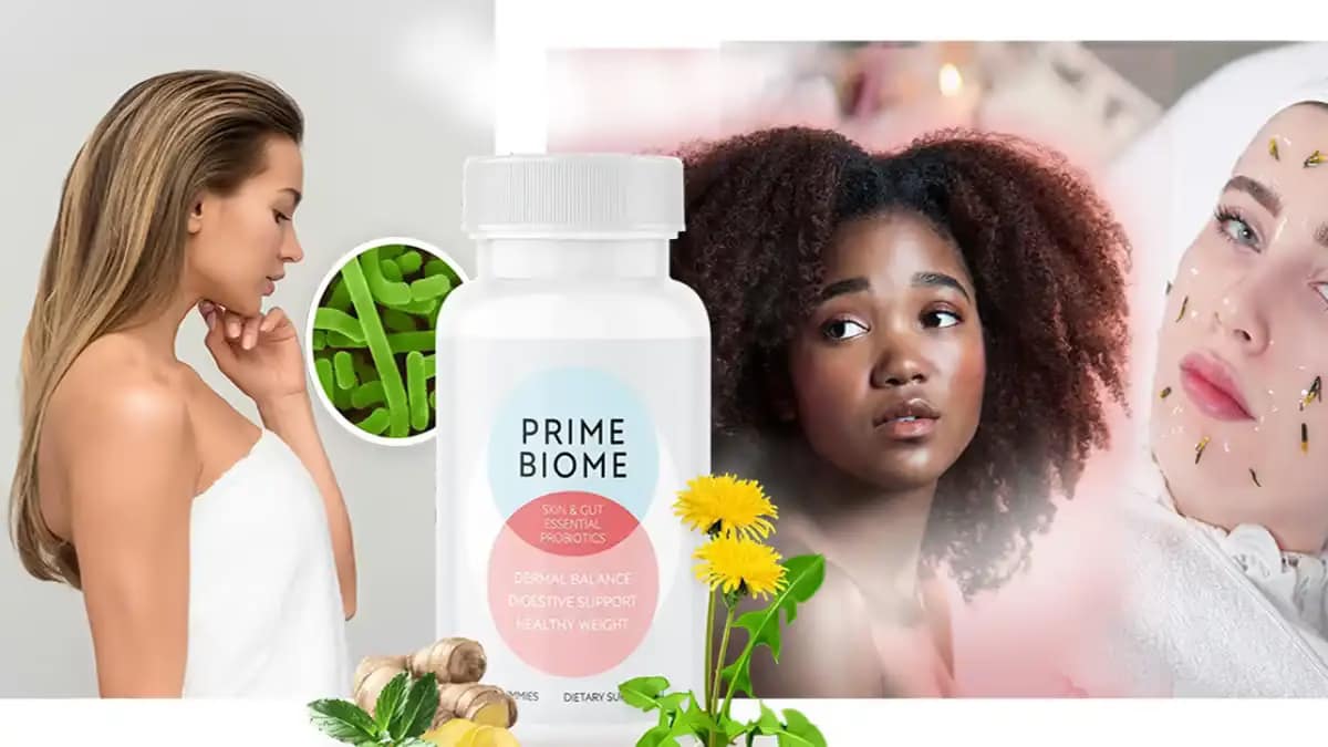 Natural Skin Care: Achieve Radiant Skin with PrimeBiome 1 Multi-image display promoting PRIME BIOME skin and gut supplement, featuring women of different ethnicities, with a close-up of skin treatment and probiotics.
