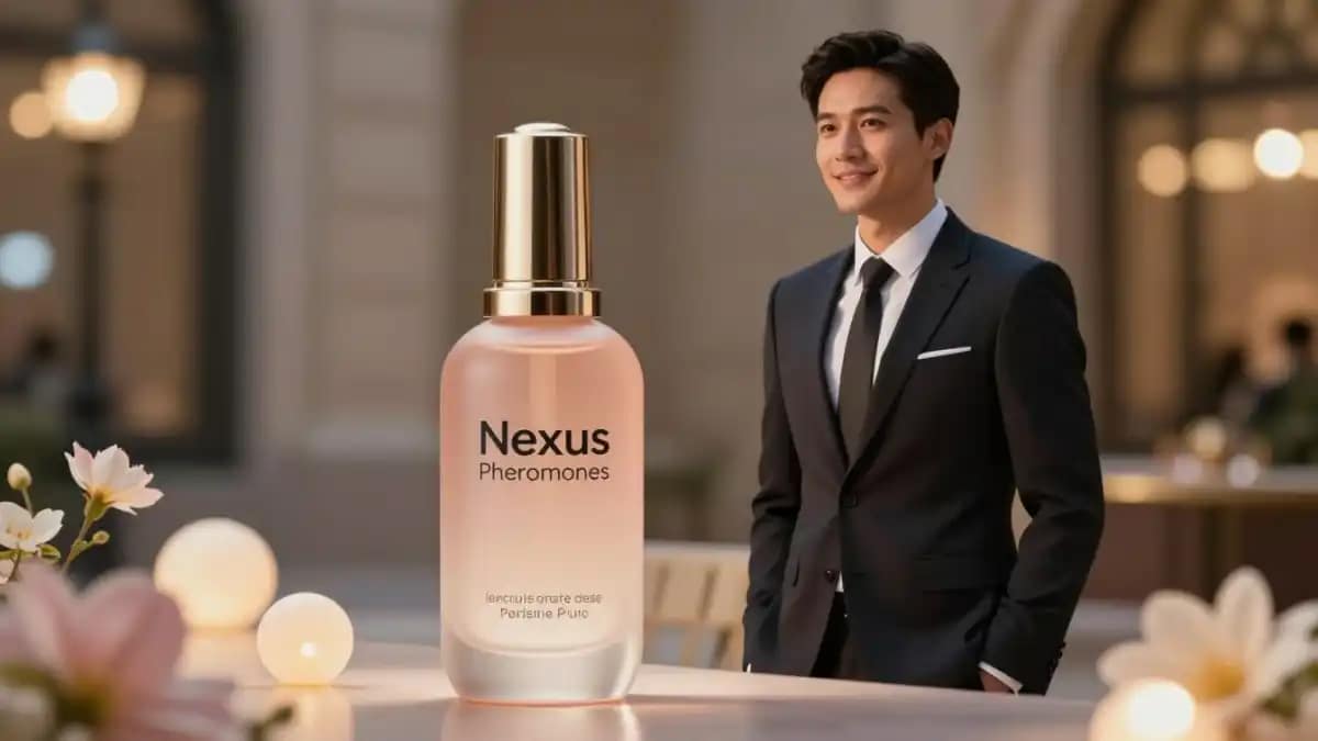 Nexus Pheromones: Boost Attraction Instantly 26 Nexus Pheromones cologne bottle with a smiling man in a suit in the background