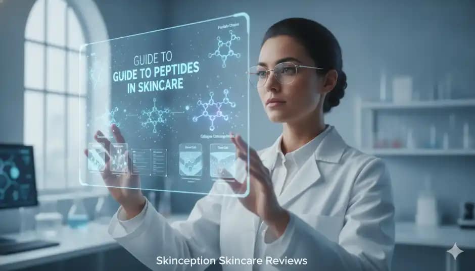 Skinception Skincare Reviews: 5 Proven Anti-Aging Secrets 5 A scientist viewing a digital display titled Guide to Peptides in Skincare with molecular diagrams
