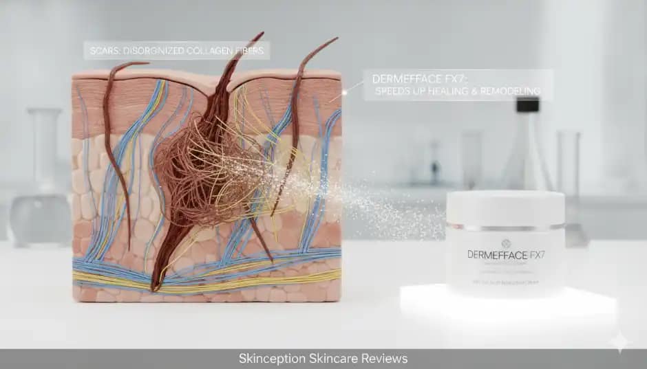 Skinception Skincare Reviews: 5 Proven Anti-Aging Secrets 11 Cross-section of skin showing disorganized collagen fibers in a scar and how Dermefface FX7 speeds up healing