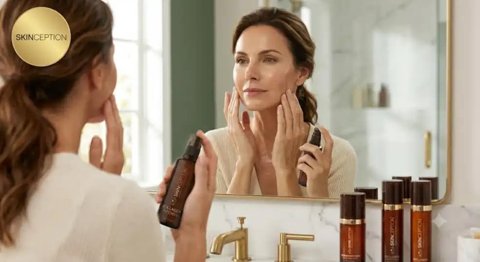 Skinception Skincare Reviews: 5 Proven Anti-Aging Secrets 4 A woman applies Skinception Kollagen Intensiv serum to her face while looking in a bathroom mirror