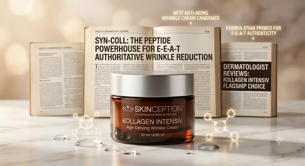Skinception Skincare Reviews: 5 Proven Anti-Aging Secrets 6 Skinception Kollagen Intensiv jar in front of medical journals highlighting Syn-Coll for wrinkle reduction